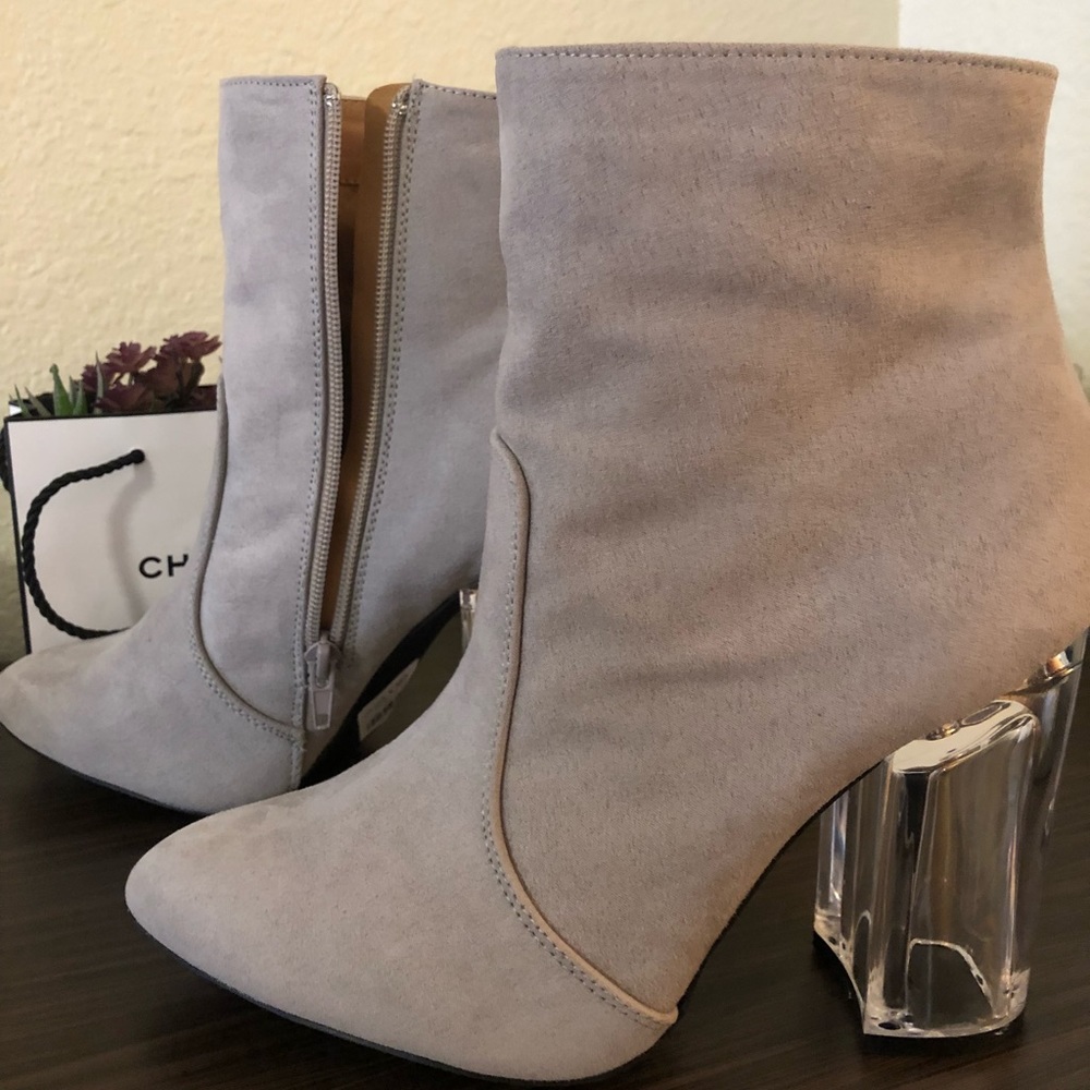 Grey booties with clear heel